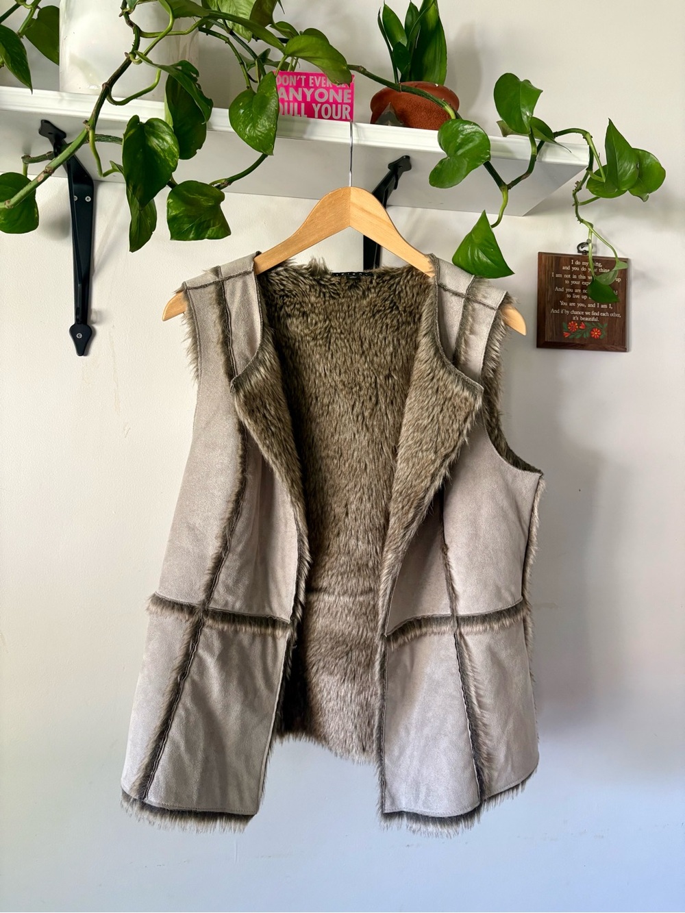 Tribal Faux Shearling Hooded Vest in Taupe